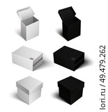 Package with caps empty containers isolated icons set vector. Square shaped carton boxes for products keeping and storage. Compact products shipping. Package with Caps Empty Containers Set Vector. Стоковая иллюстрация, агентство Ingram Publishing / Фотобанк Лори