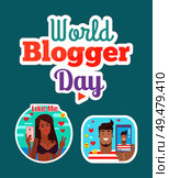 World blogger day woman and man blogging and streaming sticker set vector. Patches of female and male, social networking and smileys emojis video. World Blogger Day Woman and Man Sticker Set Vector. Стоковая иллюстрация, агентство Ingram Publishing / Фотобанк Лори