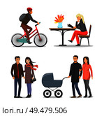 Couple people with pram, family with child in perambulator isolated set vector. Biker with helmet on bicycle, cycling hobby of male. Lady reading menu. Couple People with Pram Family Isolated Vector. Стоковая иллюстрация, агентство Ingram Publishing / Фотобанк Лори