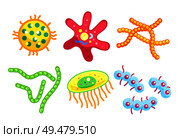 Streptococci and staphylococcus, spirillae and star-shaped flat bacteria types isolated. Little dangerous germ variety cartoon vector illustrations. Little Dangerous Bacteria for Illustrative Poster. Стоковая иллюстрация, агентство Ingram Publishing / Фотобанк Лори