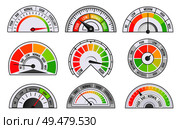 Speedometer and odometer scales and pointers isolated icons set vector. Tachometer for measurement of speed and kilometers, miles measuring instrument. Speedometer and Odometer  Scales and Pointers Vector. Стоковая иллюстрация, агентство Ingram Publishing / Фотобанк Лори