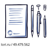 Office supplies and stationery monochrome icons vector. Document and signature at page bottom part, pencil and pen. Pin and clip, writing objects. Office Supplies Stationery Monochrome Icon Vector. Стоковая иллюстрация, агентство Ingram Publishing / Фотобанк Лори