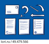 Office document and pin for papers and memo fixation isolated icons set vector. Envelope and correspondence mail. Arrowheads indicators and pencil. Office Document and Pin for Fixation Set Vector. Стоковая иллюстрация, агентство Ingram Publishing / Фотобанк Лори
