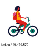 Girl riding bike cartoon isolated vector icon. Teenager in casual clothes and with backpack cycling in park or city road, healthy lifestyle theme. Girl Riding Bike Cartoon Isolated Vector Icon. Стоковая иллюстрация, агентство Ingram Publishing / Фотобанк Лори