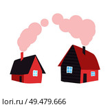 Cottages with window and door, rural dwellings in countryside, brick home icons, traditional village houses isolated on white. Smoke from chimney pipes. Cottages Window and Door Rural Dwelling in Country. Стоковая иллюстрация, агентство Ingram Publishing / Фотобанк Лори