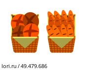 Bread and buns in wicker baskets, showcase of bakery sellers shop vector. Isolated icons flat style, baked products, food of wheat flour counter stall. Bread and Buns in Basket Showcase of Bakery Seller. Стоковая иллюстрация, агентство Ingram Publishing / Фотобанк Лори