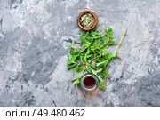 Fresh purslane stalks and dried purslane in a mortar. Portulaca oleracea leaves. Стоковое фото, агентство Ingram Publishing / Фотобанк Лори