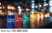 Colorful cocktails with flames displayed at a vibrant bar during a lively evening gathering. Стоковое AI-изображение, AI-художник Сергей Толмачёв / Фотобанк Лори