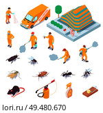 Isometric set of icons with pest control service specialists their equipment insects and rodents 3d isolated vector illustration. Isometric Pest Control Set. Стоковая иллюстрация, агентство Ingram Publishing / Фотобанк Лори