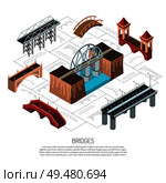 Various bridges isometric flowchart elements with modern steel constructions and ancient wooden stone viaduct spans vector illustration . Isometric Bridges Flowchart . Стоковая иллюстрация, агентство Ingram Publishing / Фотобанк Лори
