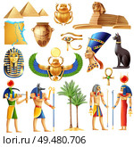 Egypt symbols set in cartoon style with ancient egyptian deities pyramid ankh tutanhamon nefertiti  eye of horus signs vector illustration. Egypt Symbols Set. Стоковая иллюстрация, агентство Ingram Publishing / Фотобанк Лори