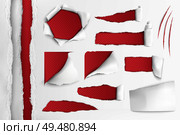 Set of holes in white paper with ripped edges over red background realistic vector illustration. White Paper With Ripped Holes. Стоковая иллюстрация, агентство Ingram Publishing / Фотобанк Лори