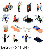 Internet smartphone gadget addiction isometric icons set with human characters electronic devices and addiction figurative pictograms vector illustration. Gadget Addiction Icons Collection. Стоковая иллюстрация, агентство Ingram Publishing / Фотобанк Лори