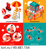 Beach lifeguards 2x2 design concept  set of  lifeguard inventory and saving drowning isometric compositions vector illustration . Beach Lifeguards 2x2 Design Concept. Стоковая иллюстрация, агентство Ingram Publishing / Фотобанк Лори