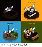 Internet smartphone gadget addiction isometric 2x2 design concept with people characters and devices in various situations vector illustration. Gadgets Everywhere Design Concept. Стоковая иллюстрация, агентство Ingram Publishing / Фотобанк Лори