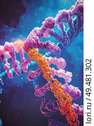 A vivid representation of a DNA molecule with purple and orange strands intertwined against a blue backdrop, showcasing the beauty of genetic structures. Стоковое AI-изображение, AI-художник Данила Большаков / Фотобанк Лори