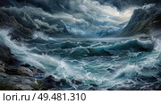 Ocean waves forcefully crash into a rugged rocky shore, creating a dynamic and powerful scene. Стоковое AI-изображение, AI-художник Данила Большаков / Фотобанк Лори