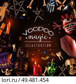 Voodoo cult mystery magical objects attributes realistic dark wood background frame with skull candlelight doll pins vector illustration  . Voodoo Magic Realistic Frame . Стоковая иллюстрация, агентство Ingram Publishing / Фотобанк Лори