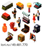 Isometric set of icons with various goods from flea market and customers isolated on white background 3d vector illustration. Flea Market Isometric Icons Set. Стоковая иллюстрация, агентство Ingram Publishing / Фотобанк Лори