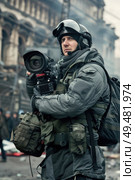 A cameraman with a video camera films on a smoke-filled street, wearing a helmet and body armor. Стоковое AI-изображение, AI-художник Данила Большаков / Фотобанк Лори