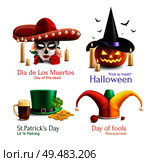 Masquerade hats 2x2  design concept with  day of the dead day of fools halloween saint patrick day square icons realistic vector illustration. Стоковая иллюстрация, агентство Ingram Publishing / Фотобанк Лори