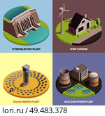 Green energy production concept 4 isometric icons with wind turbine hydroelectric and solar energy plants vector illustration. Стоковая иллюстрация, агентство Ingram Publishing / Фотобанк Лори
