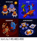 Four aliens isometric composition with city of aliens acquaintance and spaceships descriptions vector illustration. Стоковая иллюстрация, агентство Ingram Publishing / Фотобанк Лори
