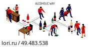 Alcoholism stages development from drinking alone in bar till binge on white background isometric horizontal vector illustration. Стоковая иллюстрация, агентство Ingram Publishing / Фотобанк Лори