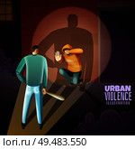Social crime urban youth violence warning composition with criminal threatening boy with wooden baton poster vector illustration. Стоковая иллюстрация, агентство Ingram Publishing / Фотобанк Лори