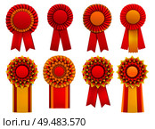 Red golden yellow decorative medal awards circulair rosettes badges lapel pins with ribbons realistic set vector illustration. Стоковая иллюстрация, агентство Ingram Publishing / Фотобанк Лори