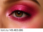 Close up of woman eye makeup in pink colors. Стоковое AI-изображение, AI-художник Анастасия / Фотобанк Лори