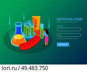 Artificial foods genetically modified meat products and chemical equipment on gradient turquoise background isometric vector illustration. Стоковая иллюстрация, агентство Ingram Publishing / Фотобанк Лори