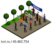 Activists isometric composition with group of people with posters loudspeakers on city street background vector illustration. Стоковая иллюстрация, агентство Ingram Publishing / Фотобанк Лори