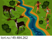 Stone age isometric background with hunting deer symbols vector illustration. Стоковая иллюстрация, агентство Ingram Publishing / Фотобанк Лори