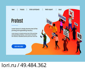 Politic protest landing page with text and visual information about motive of people  demonstration and strike isometric vector illustration. Стоковая иллюстрация, агентство Ingram Publishing / Фотобанк Лори