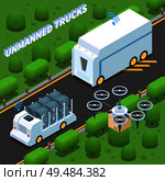 Autonomous car driverless vehicle robotic transport isometric composition with view of suburban motorway and unmanned trucks vector illustration. Стоковая иллюстрация, агентство Ingram Publishing / Фотобанк Лори