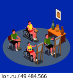 Inclusive education composition with people in wheelchairs having art lesson 3d vector illustration. Стоковая иллюстрация, агентство Ingram Publishing / Фотобанк Лори