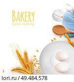 Home cooking tools kitchen baking utensils realistic composition with wooden spoon whisk teaspoon grain eggs vector illustration. Стоковая иллюстрация, агентство Ingram Publishing / Фотобанк Лори