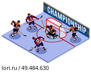 Hockey championship isometric composition with forward slapshot scoring and protecting net goaltender in goal crease  vector illustration. Стоковая иллюстрация, агентство Ingram Publishing / Фотобанк Лори