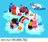 Isometric overeating gluttony composition with conceptual images of sweet confectionery products and fat people on clouds vector illustration. Стоковая иллюстрация, агентство Ingram Publishing / Фотобанк Лори