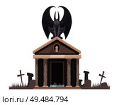 Dark evil with spread wings sitting on roof of the cemetery crypt near graves with crosses cartoon vector illustration. Стоковая иллюстрация, агентство Ingram Publishing / Фотобанк Лори