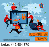 Hacker group composition with computer crimes headline and five scammers steal information vector illustration. Стоковая иллюстрация, агентство Ingram Publishing / Фотобанк Лори