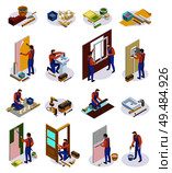 Home repair isometric icons set of tools and craftspeople performing  laying tiles pasting wallpapers doors and window installation isolated vector illustration. Стоковая иллюстрация, агентство Ingram Publishing / Фотобанк Лори