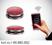 Robotic smartphone controlled vacuum cleaner closeup top side views realistic images with hand holding phone vector illustration. Стоковая иллюстрация, агентство Ingram Publishing / Фотобанк Лори