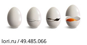 Cracking egg realistic icon set white egg and four steps of crackling vector illustration. Стоковая иллюстрация, агентство Ingram Publishing / Фотобанк Лори