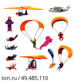 Skydiving extreme sport elements flat icons collection with parachute jump free fall airplane glider isolated vector illustration. Стоковая иллюстрация, агентство Ingram Publishing / Фотобанк Лори