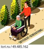 Different generations isometric background with  elderly disabled woman sitting in wheelchair and young nursing person vector illustration. Стоковая иллюстрация, агентство Ingram Publishing / Фотобанк Лори