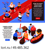 Set of two horizontal isometric overeating gluttony composition with images of people doing sports eating food vector illustration. Стоковая иллюстрация, агентство Ingram Publishing / Фотобанк Лори
