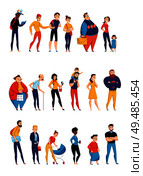 People waiting in queue lining up 3 flat horizontal sets with young parents and elderly vector illustration. Стоковая иллюстрация, агентство Ingram Publishing / Фотобанк Лори