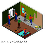Home repair isometric design concept with craftspeople performing various works in room and owners giving instructions vector illustration. Стоковая иллюстрация, агентство Ingram Publishing / Фотобанк Лори